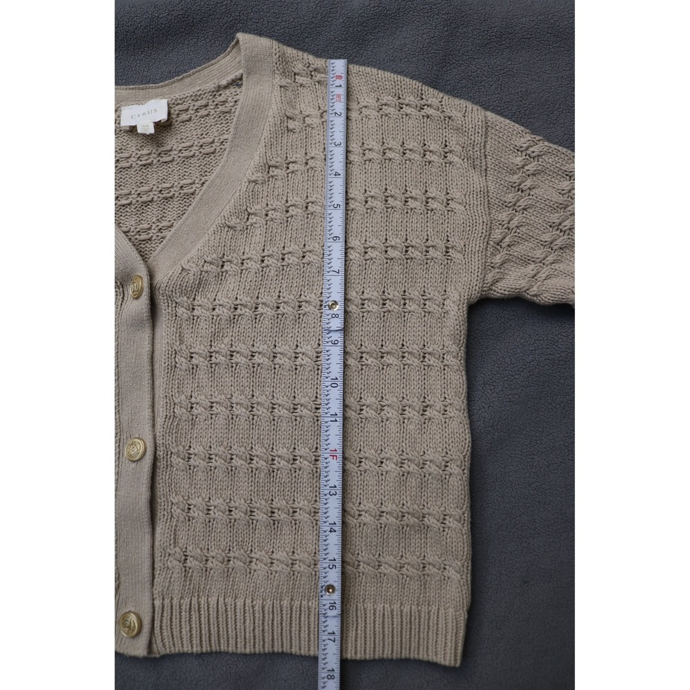 CYRUS Cable Knit Cardigan Sweater Women XS Beige Gold Button Preppy VNeck Top - Picture 6 of 12